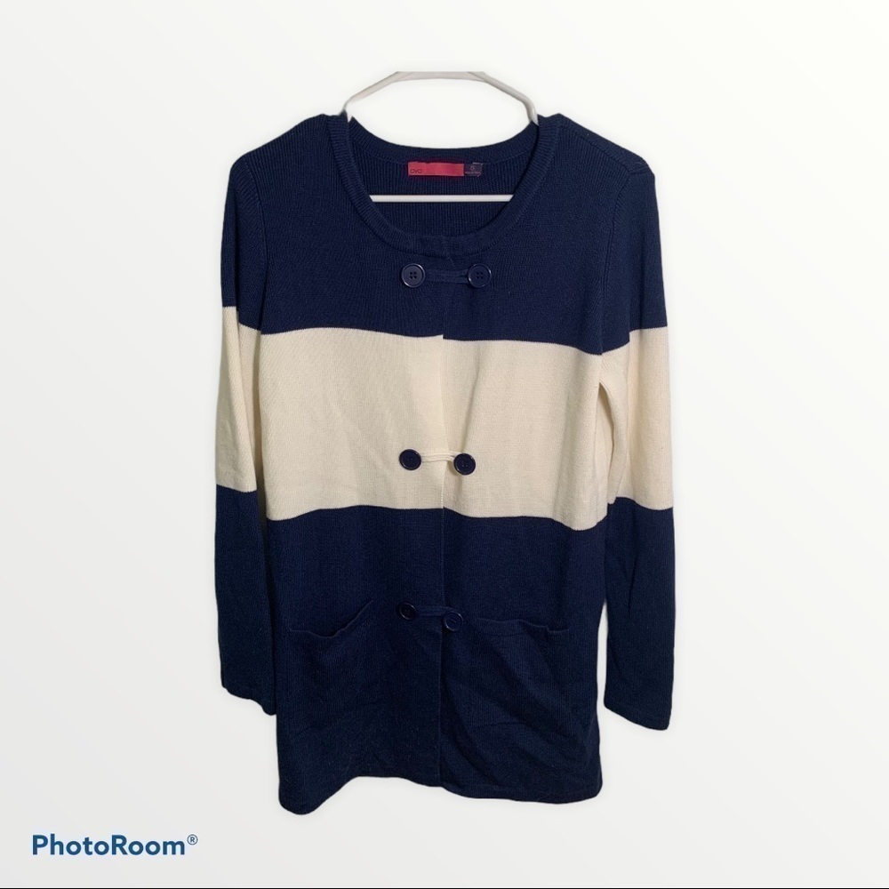Ava Women's Size Small Duster Cardigan Double Breasted Navy Cream Colorblock